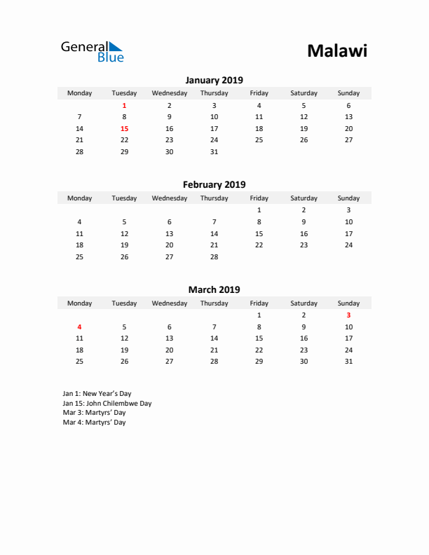 Printable Quarterly Calendar with Notes and Malawi Holidays- Q1 of 2019