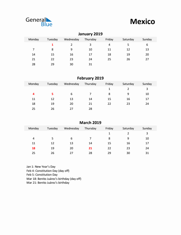 Printable Quarterly Calendar with Notes and Mexico Holidays- Q1 of 2019