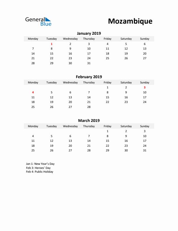 Printable Quarterly Calendar with Notes and Mozambique Holidays- Q1 of 2019