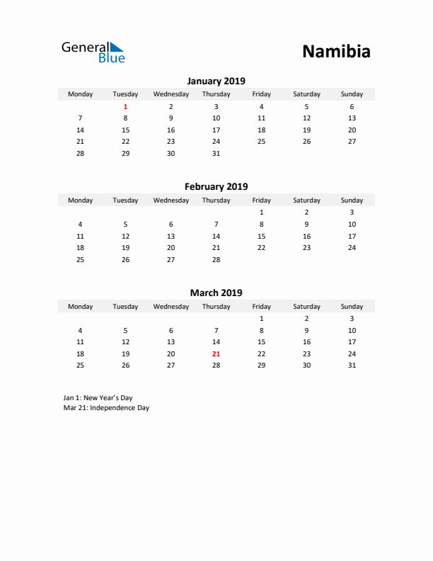 Printable Quarterly Calendar with Notes and Namibia Holidays- Q1 of 2019