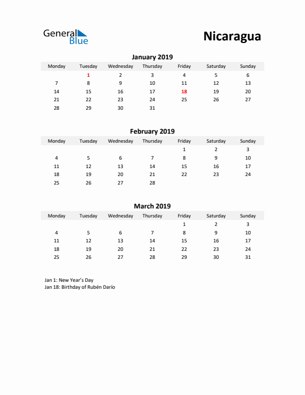 Printable Quarterly Calendar with Notes and Nicaragua Holidays- Q1 of 2019