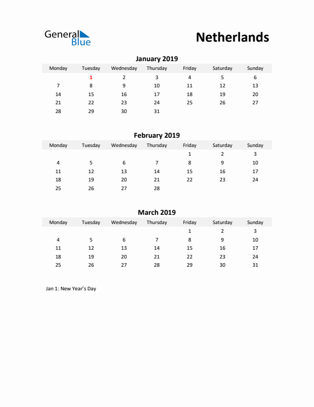 Printable Quarterly Calendar with Notes and The Netherlands Holidays- Q1 of 2019