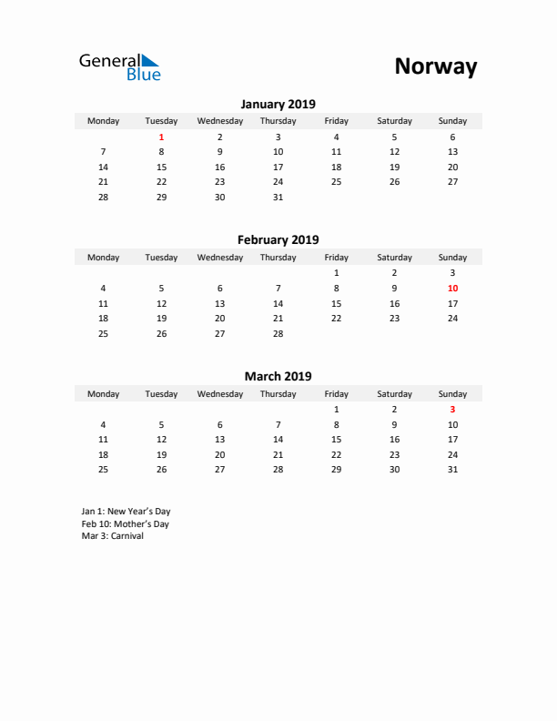 Printable Quarterly Calendar with Notes and Norway Holidays- Q1 of 2019