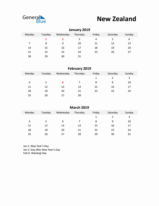 Printable Quarterly Calendar with Notes and New Zealand Holidays- Q1 of 2019