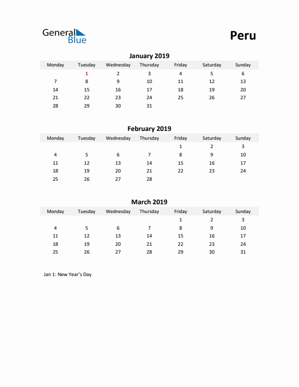 Printable Quarterly Calendar with Notes and Peru Holidays- Q1 of 2019