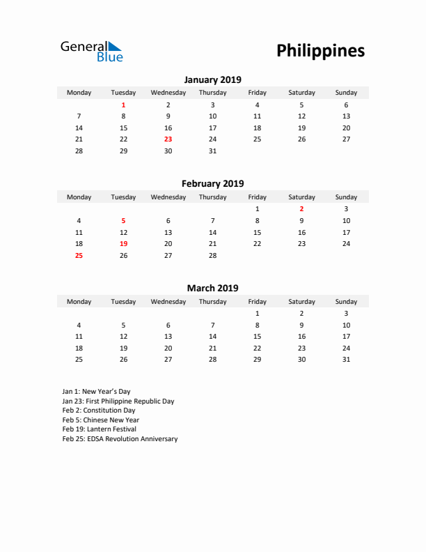 Printable Quarterly Calendar with Notes and Philippines Holidays- Q1 of 2019