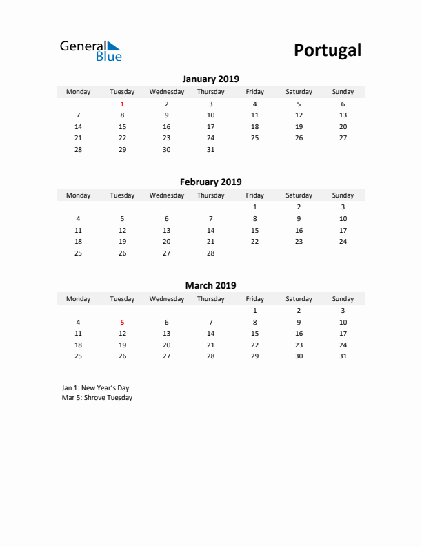 Printable Quarterly Calendar with Notes and Portugal Holidays- Q1 of 2019