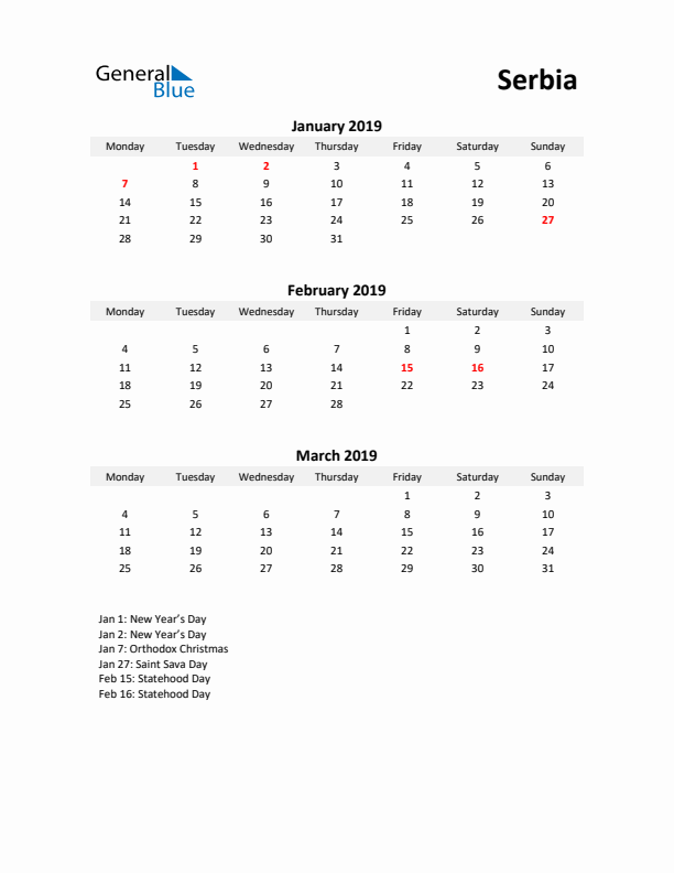 Printable Quarterly Calendar with Notes and Serbia Holidays- Q1 of 2019