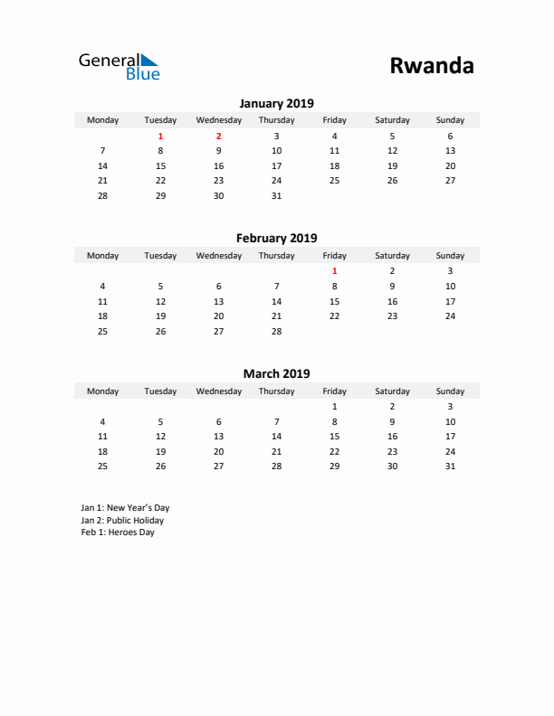 Printable Quarterly Calendar with Notes and Rwanda Holidays- Q1 of 2019