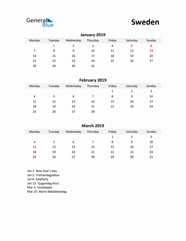 Printable Quarterly Calendar with Notes and Sweden Holidays- Q1 of 2019