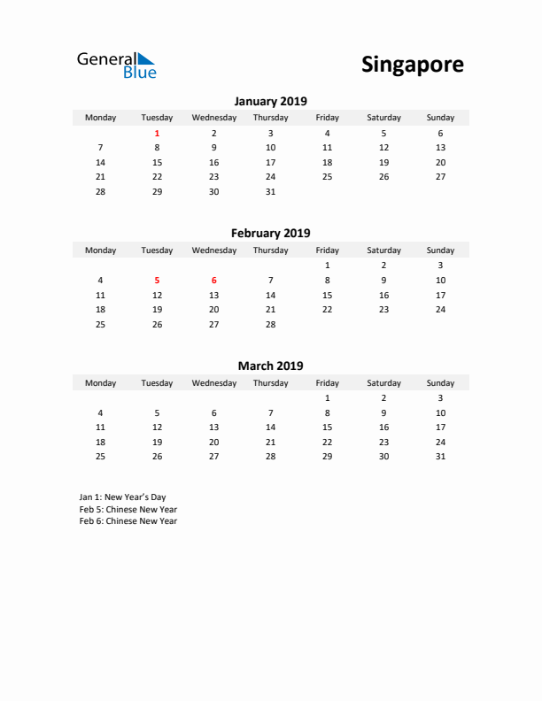 Printable Quarterly Calendar with Notes and Singapore Holidays- Q1 of 2019