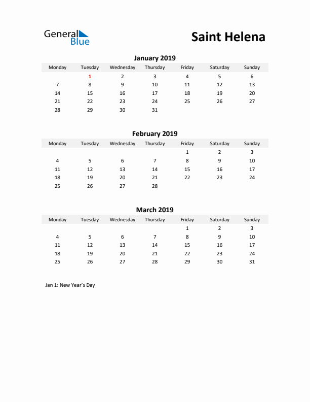 Printable Quarterly Calendar with Notes and Saint Helena Holidays- Q1 of 2019