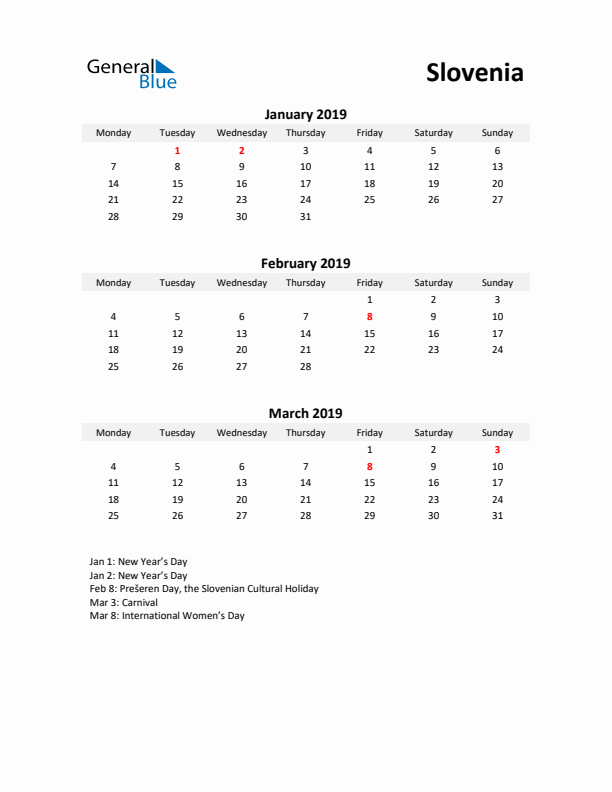 Printable Quarterly Calendar with Notes and Slovenia Holidays- Q1 of 2019