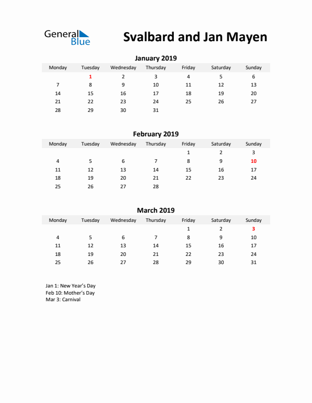 Printable Quarterly Calendar with Notes and Svalbard and Jan Mayen Holidays- Q1 of 2019