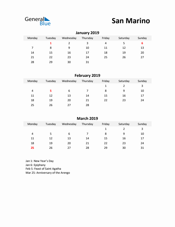 Printable Quarterly Calendar with Notes and San Marino Holidays- Q1 of 2019