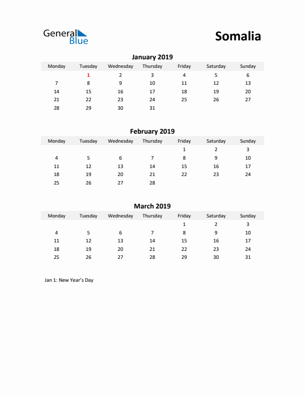 Printable Quarterly Calendar with Notes and Somalia Holidays- Q1 of 2019