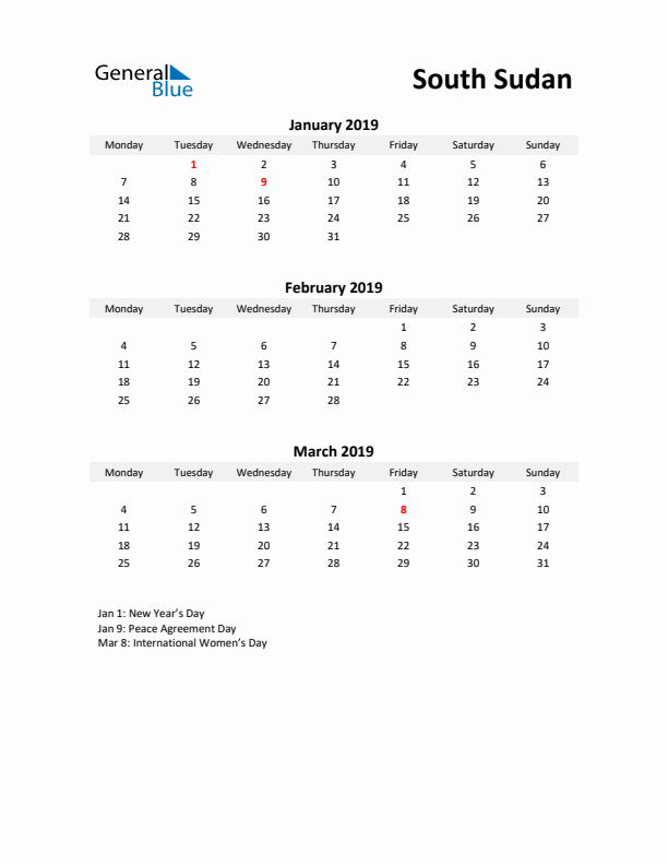 Printable Quarterly Calendar with Notes and South Sudan Holidays- Q1 of 2019