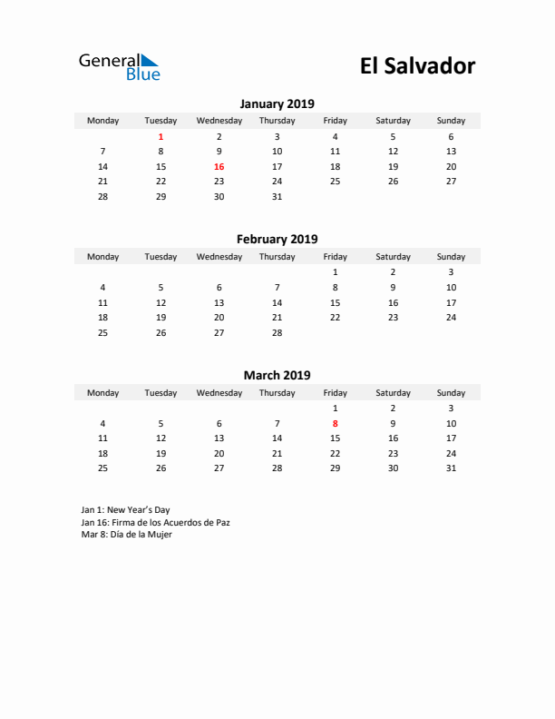 Printable Quarterly Calendar with Notes and El Salvador Holidays- Q1 of 2019