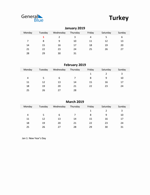 Printable Quarterly Calendar with Notes and Turkey Holidays- Q1 of 2019