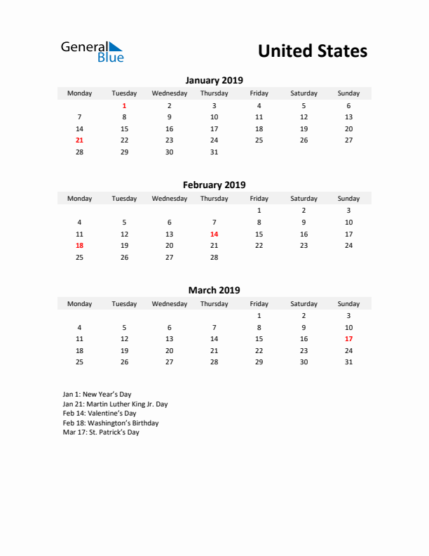 Printable Quarterly Calendar with Notes and United States Holidays- Q1 of 2019