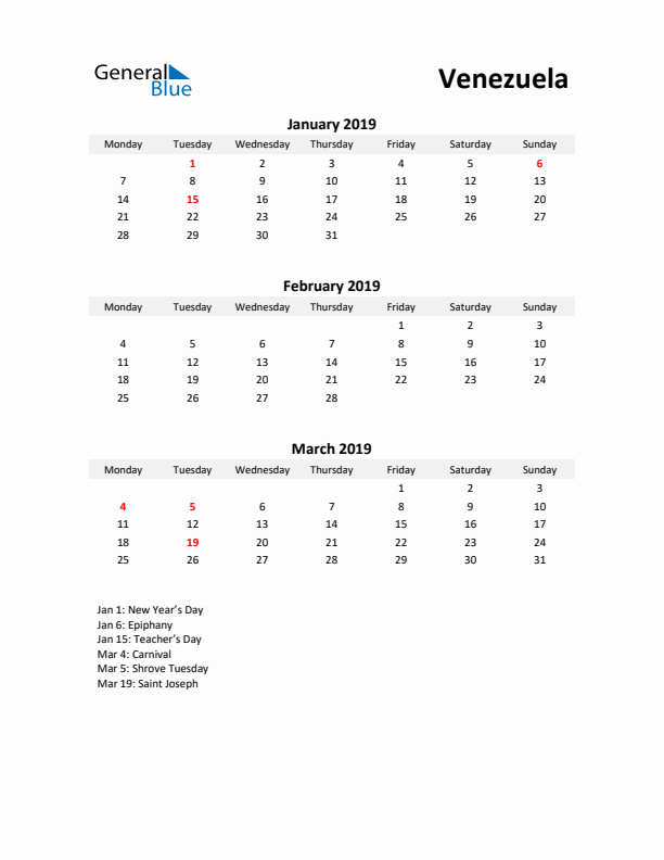 Printable Quarterly Calendar with Notes and Venezuela Holidays- Q1 of 2019