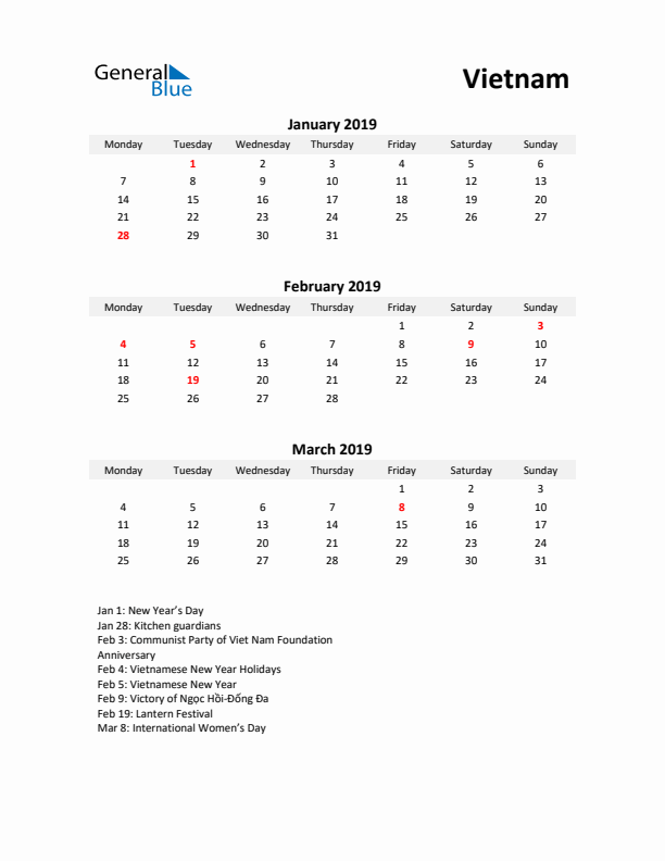 Printable Quarterly Calendar with Notes and Vietnam Holidays- Q1 of 2019