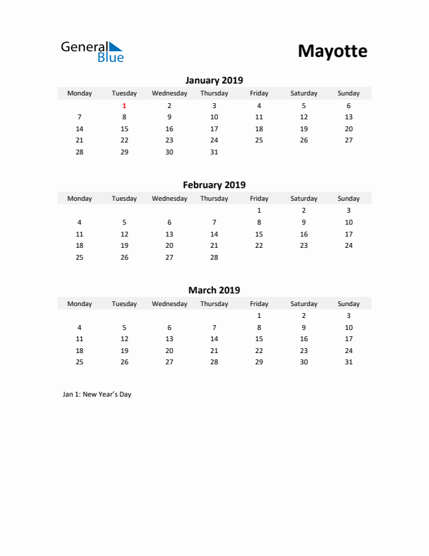 Printable Quarterly Calendar with Notes and Mayotte Holidays- Q1 of 2019