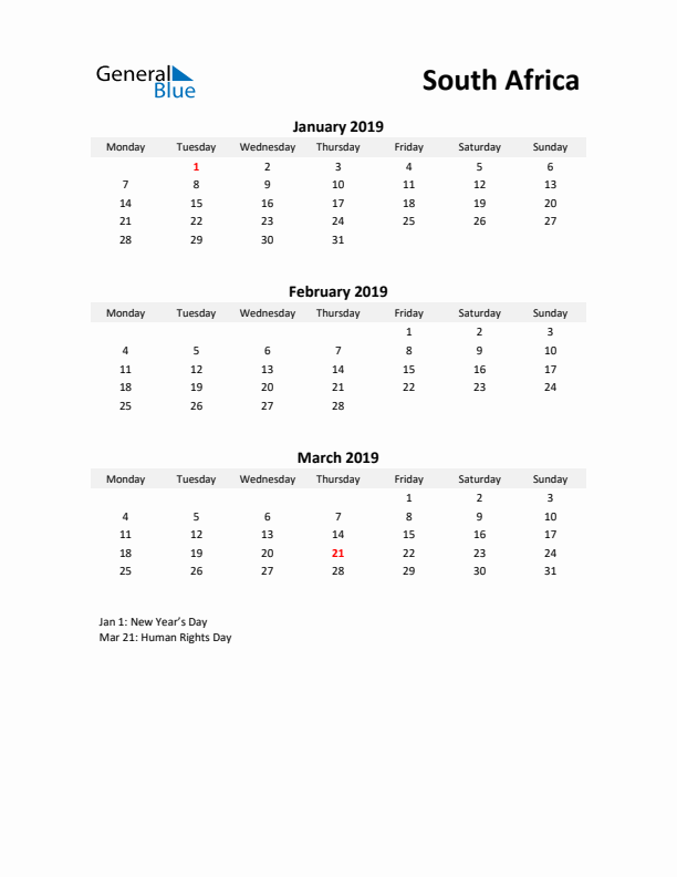 Printable Quarterly Calendar with Notes and South Africa Holidays- Q1 of 2019