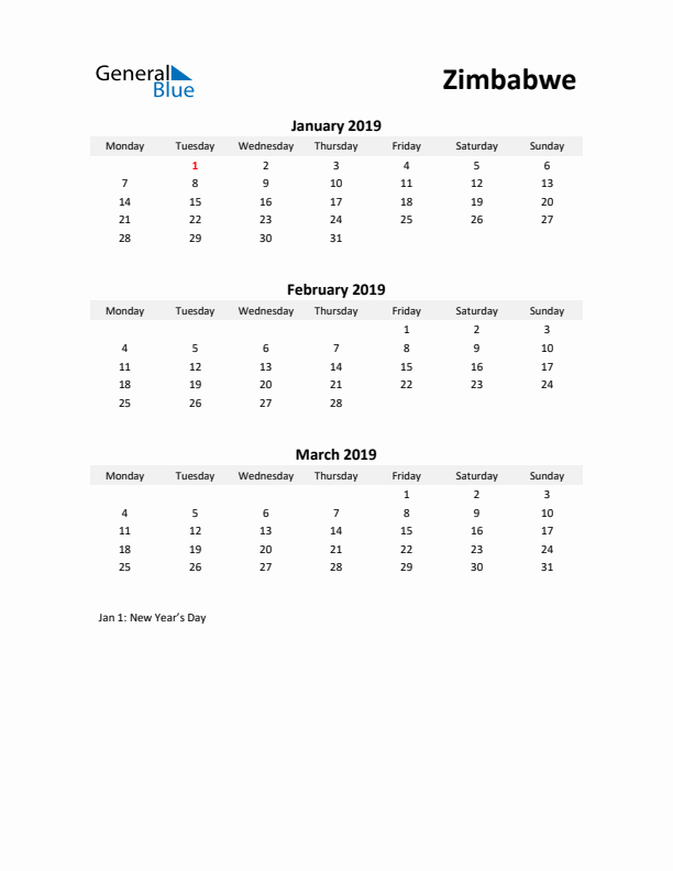 Printable Quarterly Calendar with Notes and Zimbabwe Holidays- Q1 of 2019