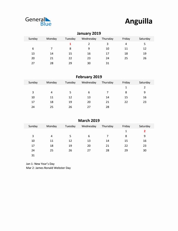 Printable Quarterly Calendar with Notes and Anguilla Holidays- Q1 of 2019