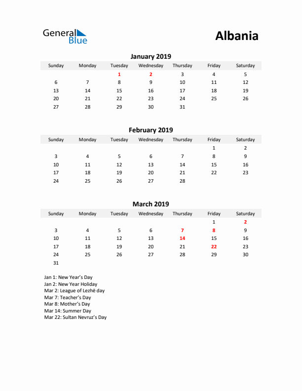 Printable Quarterly Calendar with Notes and Albania Holidays- Q1 of 2019