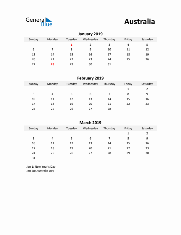 Printable Quarterly Calendar with Notes and Australia Holidays- Q1 of 2019