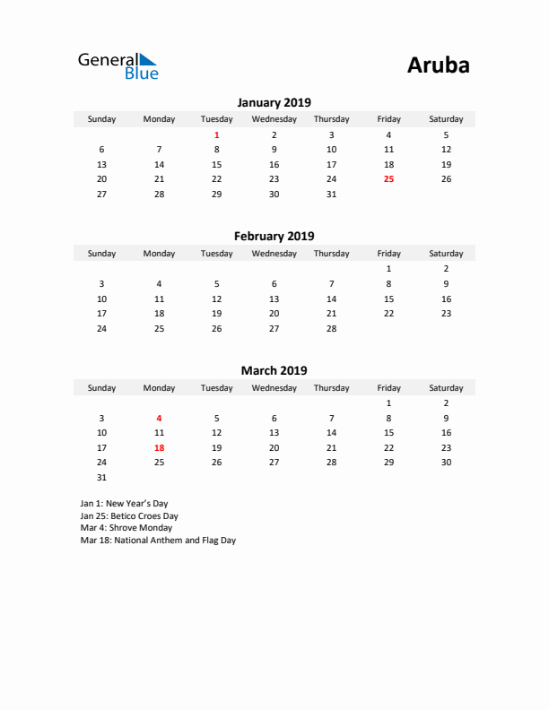 Printable Quarterly Calendar with Notes and Aruba Holidays- Q1 of 2019