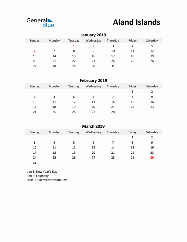 Printable Quarterly Calendar with Notes and Aland Islands Holidays- Q1 of 2019