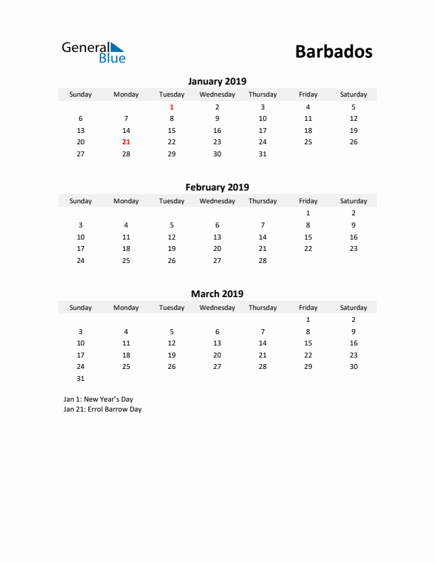 Printable Quarterly Calendar with Notes and Barbados Holidays- Q1 of 2019