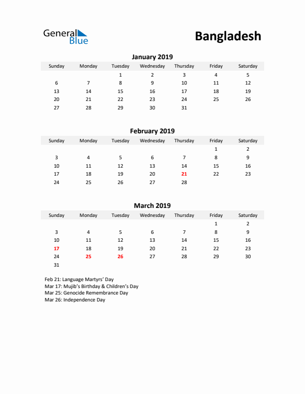 Printable Quarterly Calendar with Notes and Bangladesh Holidays- Q1 of 2019