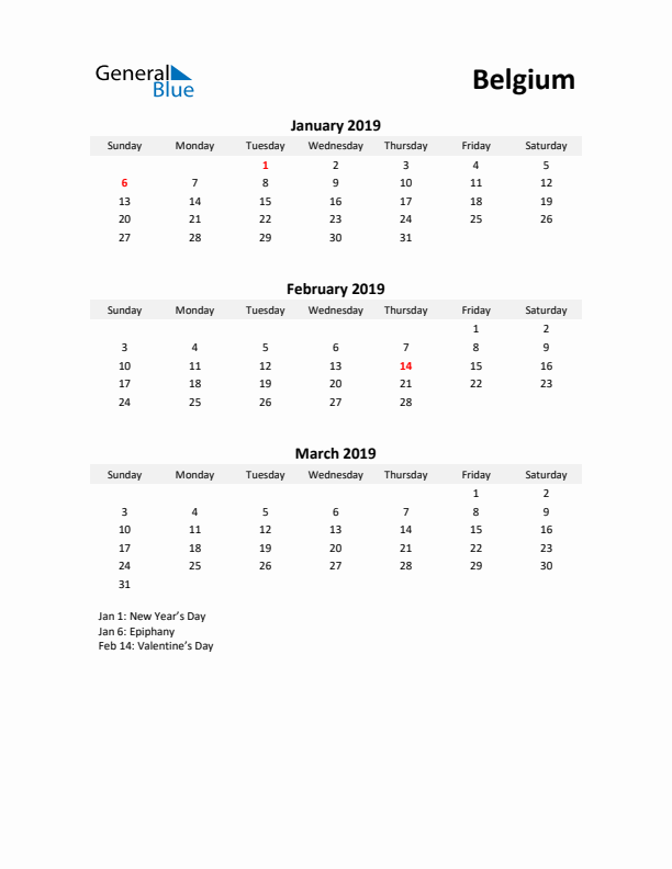 Printable Quarterly Calendar with Notes and Belgium Holidays- Q1 of 2019