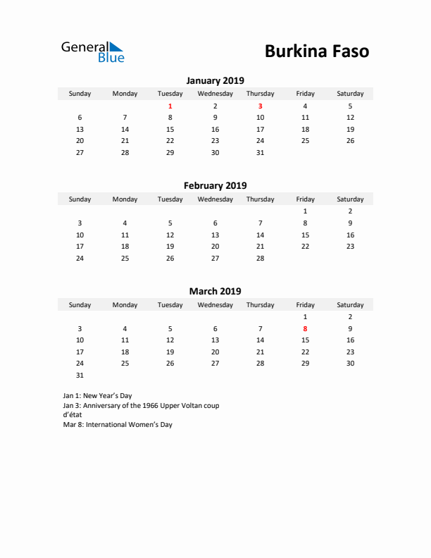 Printable Quarterly Calendar with Notes and Burkina Faso Holidays- Q1 of 2019