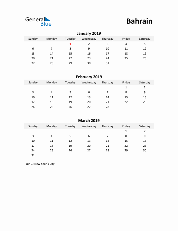 Printable Quarterly Calendar with Notes and Bahrain Holidays- Q1 of 2019