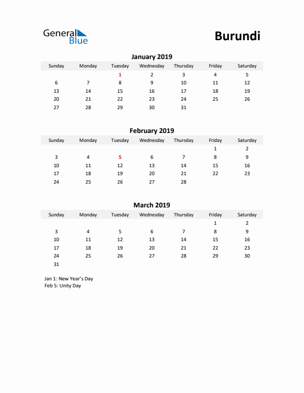 Printable Quarterly Calendar with Notes and Burundi Holidays- Q1 of 2019