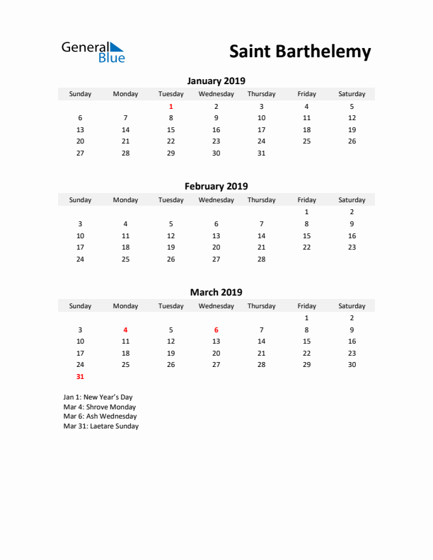 Printable Quarterly Calendar with Notes and Saint Barthelemy Holidays- Q1 of 2019