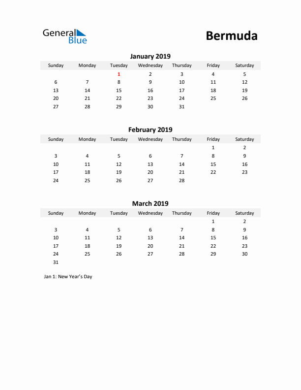 Printable Quarterly Calendar with Notes and Bermuda Holidays- Q1 of 2019