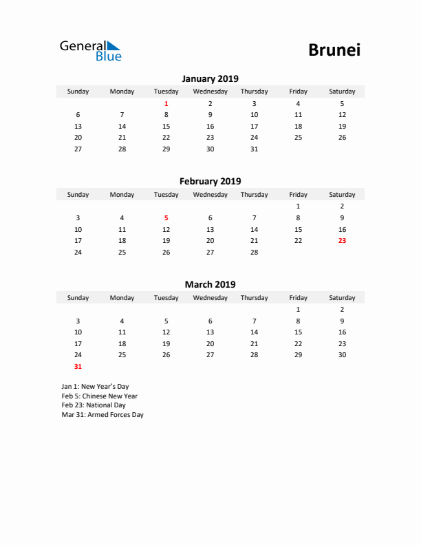 Printable Quarterly Calendar with Notes and Brunei Holidays- Q1 of 2019