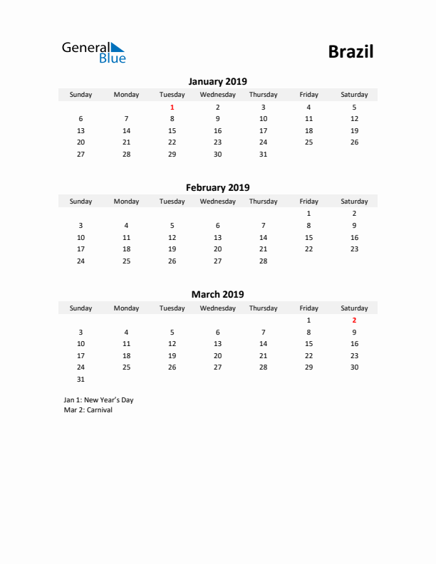 Printable Quarterly Calendar with Notes and Brazil Holidays- Q1 of 2019