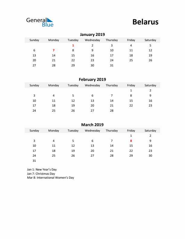 Printable Quarterly Calendar with Notes and Belarus Holidays- Q1 of 2019