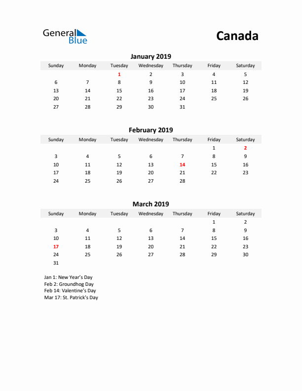 Printable Quarterly Calendar with Notes and Canada Holidays- Q1 of 2019