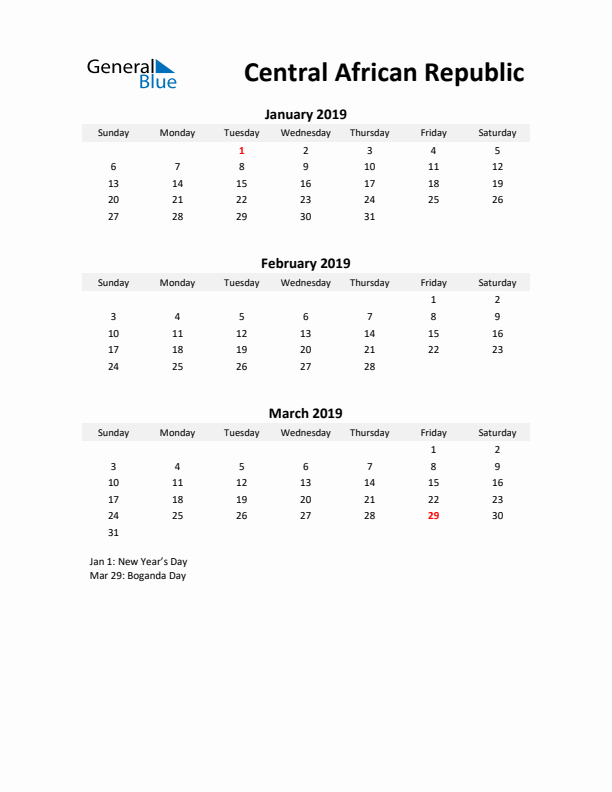 Printable Quarterly Calendar with Notes and Central African Republic Holidays- Q1 of 2019