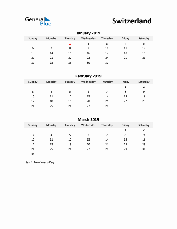 Printable Quarterly Calendar with Notes and Switzerland Holidays- Q1 of 2019