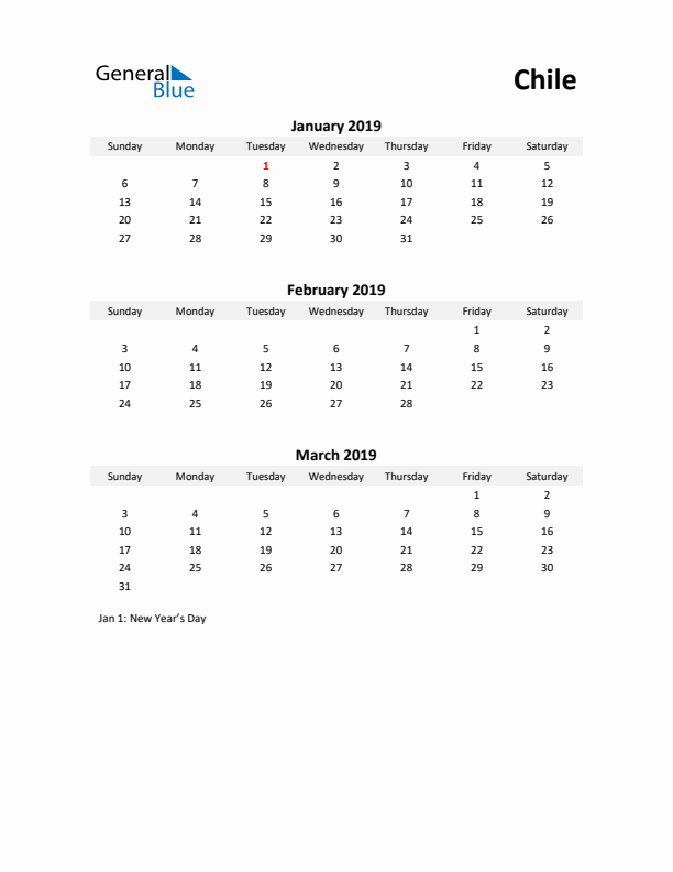 Printable Quarterly Calendar with Notes and Chile Holidays- Q1 of 2019