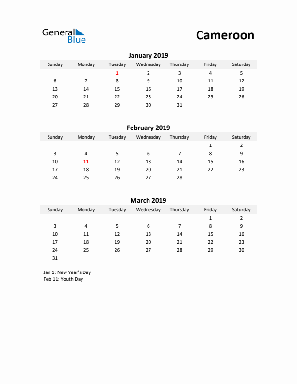 Printable Quarterly Calendar with Notes and Cameroon Holidays- Q1 of 2019